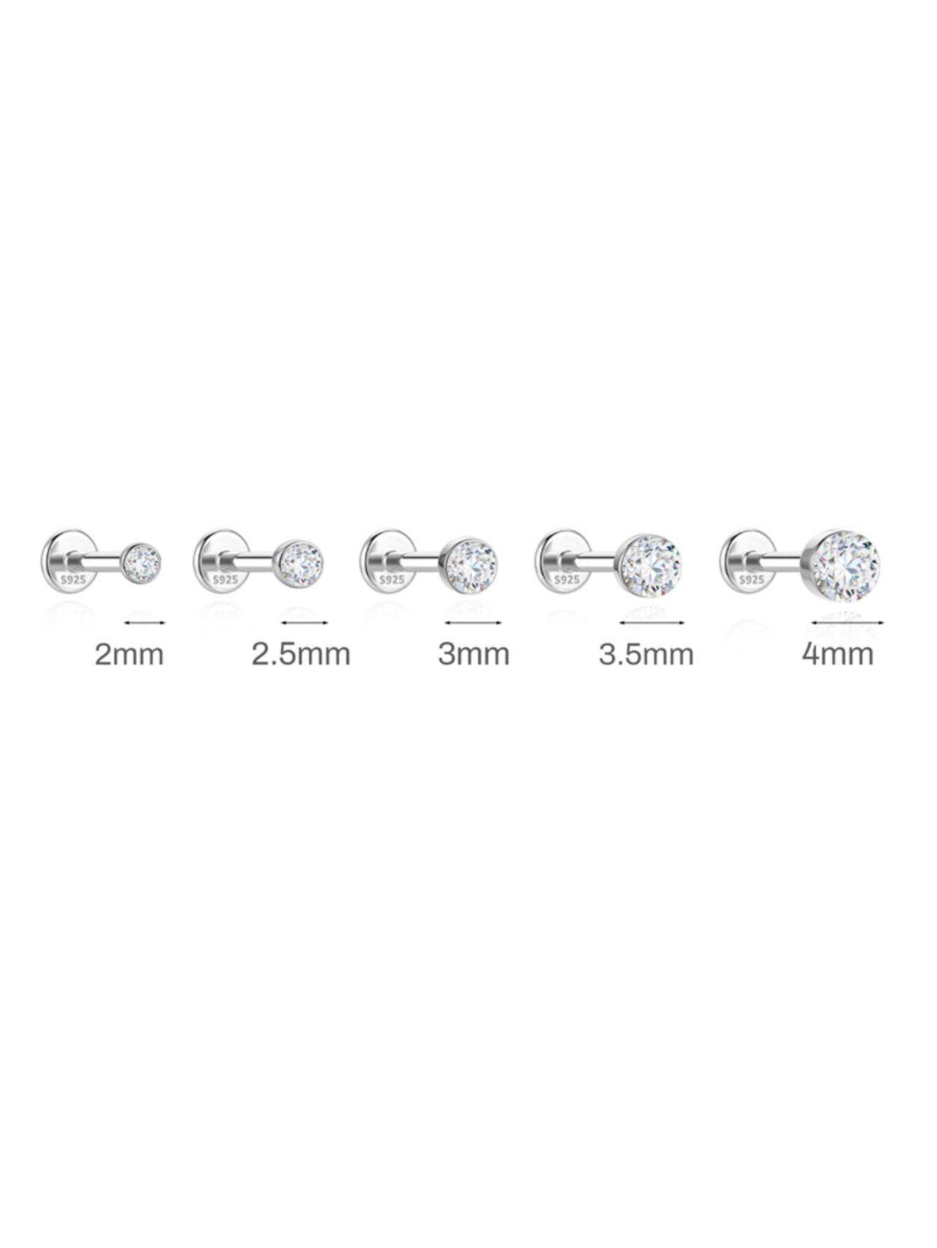 Silver moissanite flat back stud size guide from 2mm to 4mm
