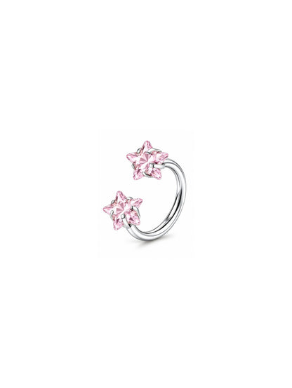 Silver G23 titanium double star horseshoe ring with pink star stones