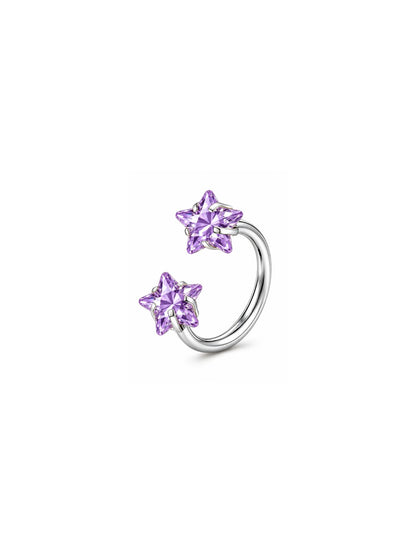 Silver G23 titanium double star horseshoe ring with purple star stones