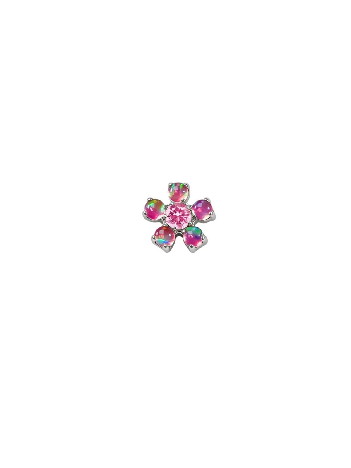 Silver G23 titanium flower flat back with rainbow opal petals and aqua blue CZ center