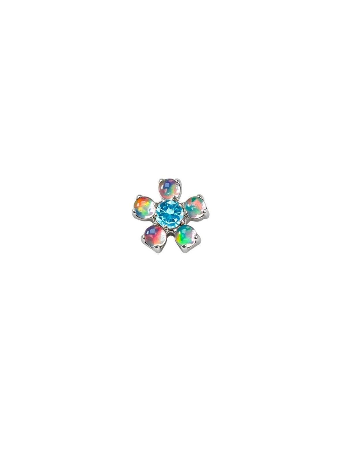 Silver G23 titanium flower flat back with rainbow opal petals and hot pink CZ center