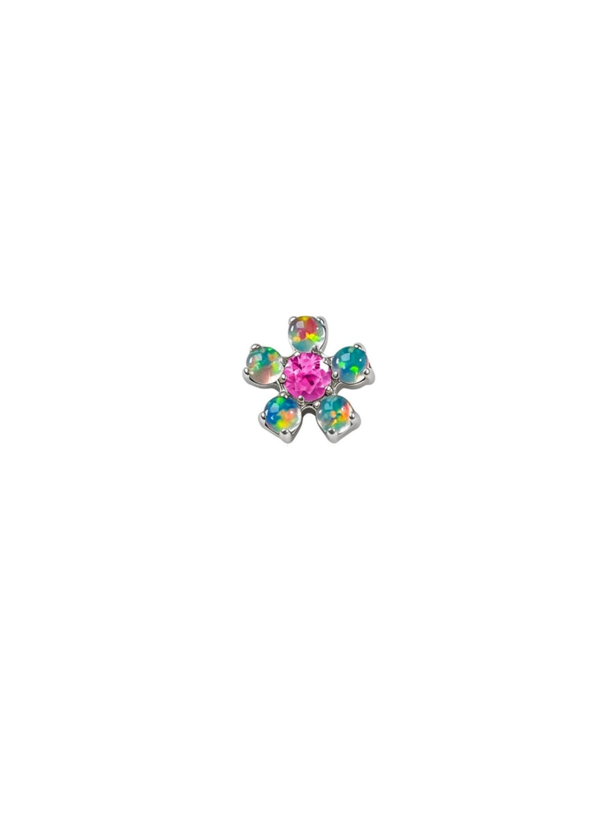 Silver G23 titanium flower flat back with rainbow opal petals and light pink CZ center