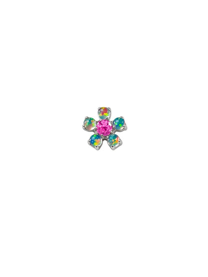 Silver G23 titanium flower flat back with rainbow opal petals and light pink CZ center
