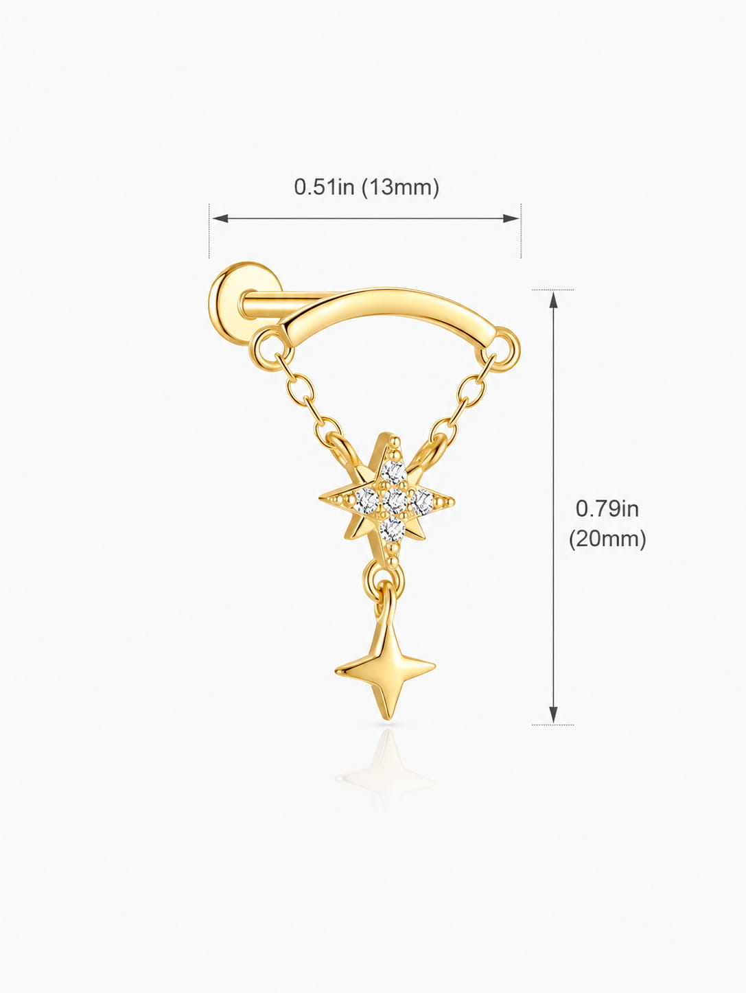 Size guide for 925 sterling silver star hidden helix stud showing 13mm width and 20mm height