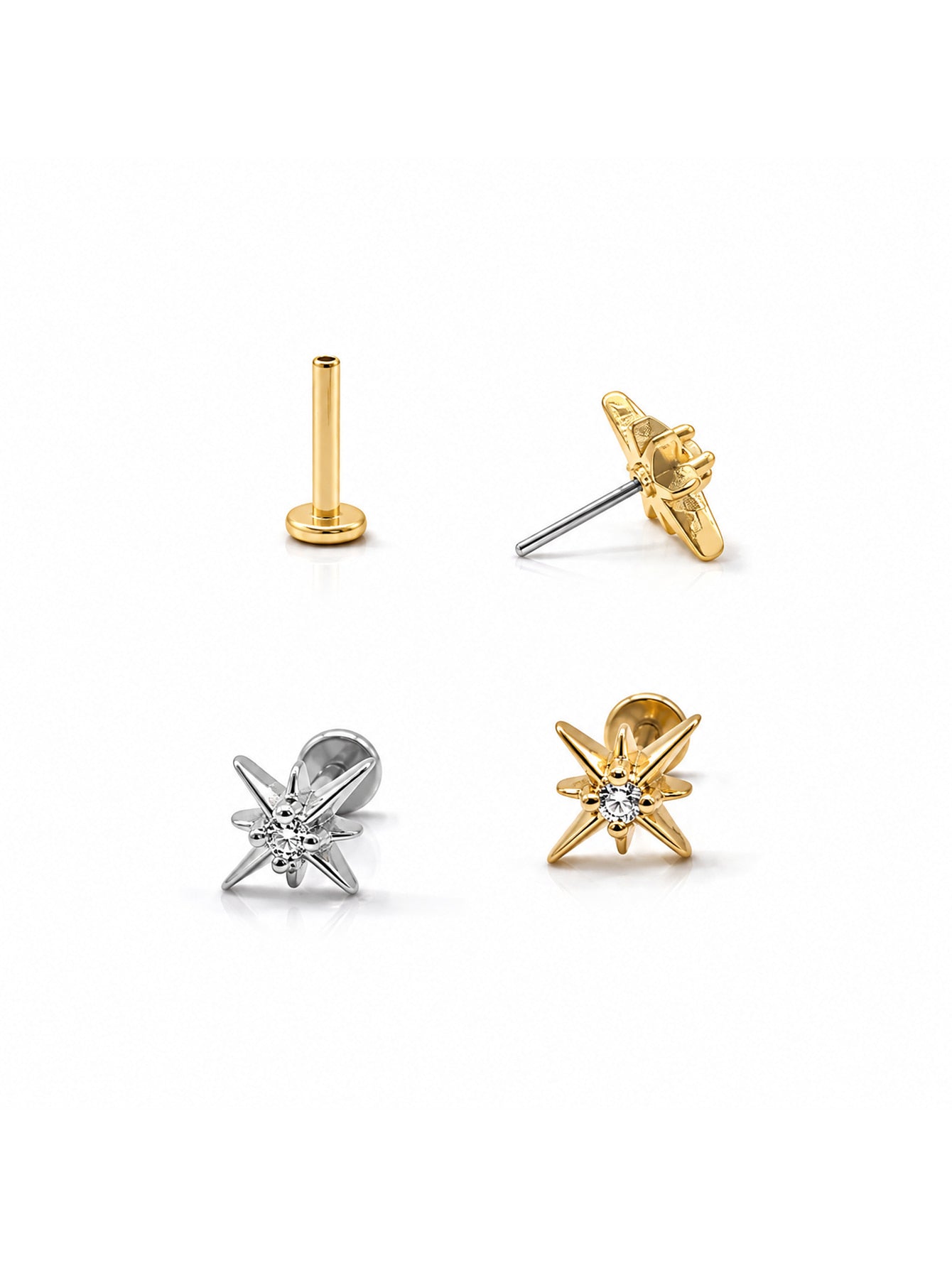 Star threadless push in flat back stud showing post and pin structure