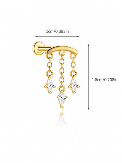 925 sterling silver triple dangle hidden helix stud size guide showing 10mm width and 18mm height