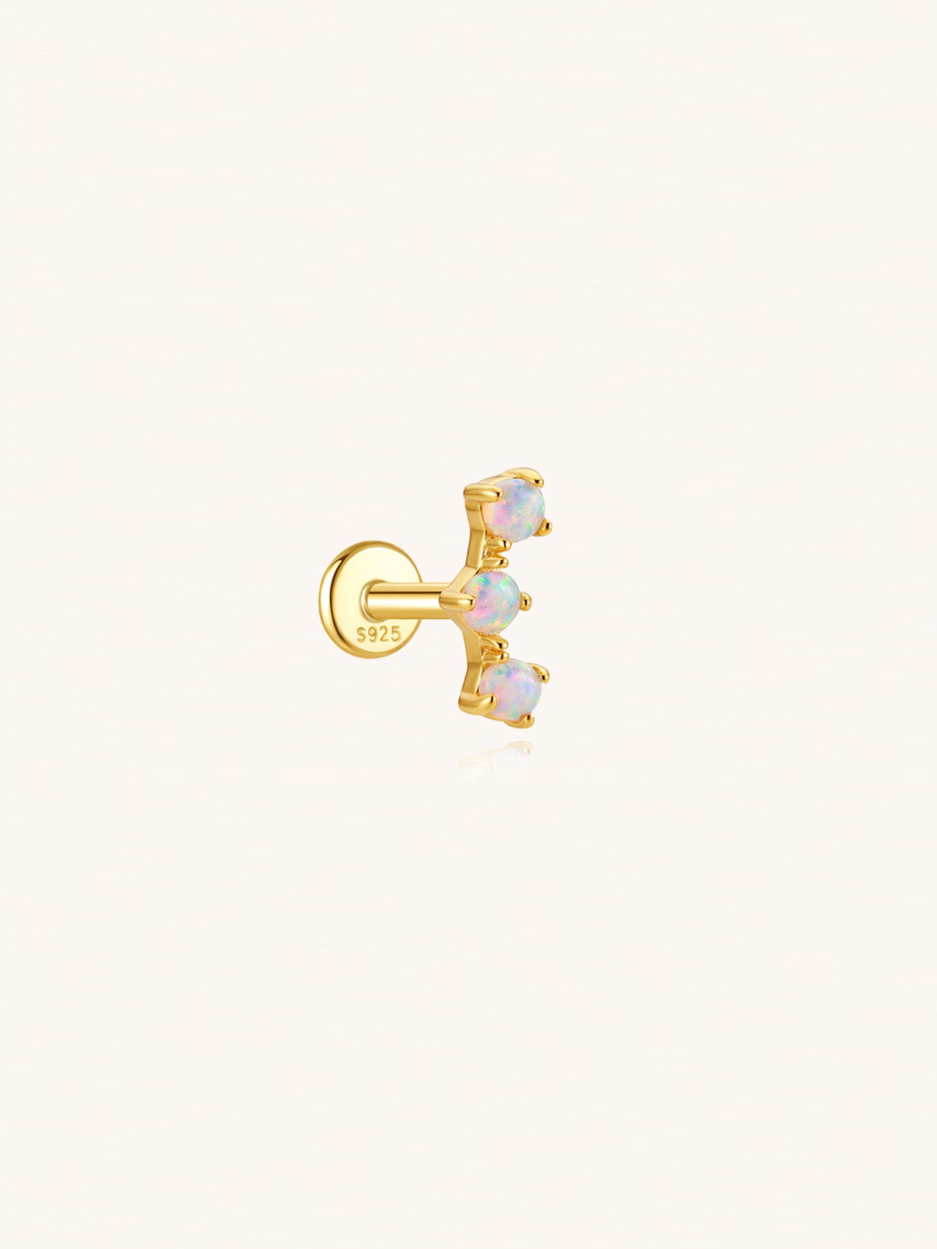 Triple opal flat back earring in 925 sterling silver for cartilage piercing