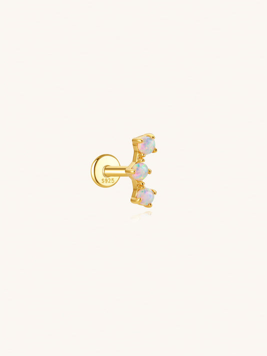 Triple opal flat back earring in 925 sterling silver for cartilage piercing