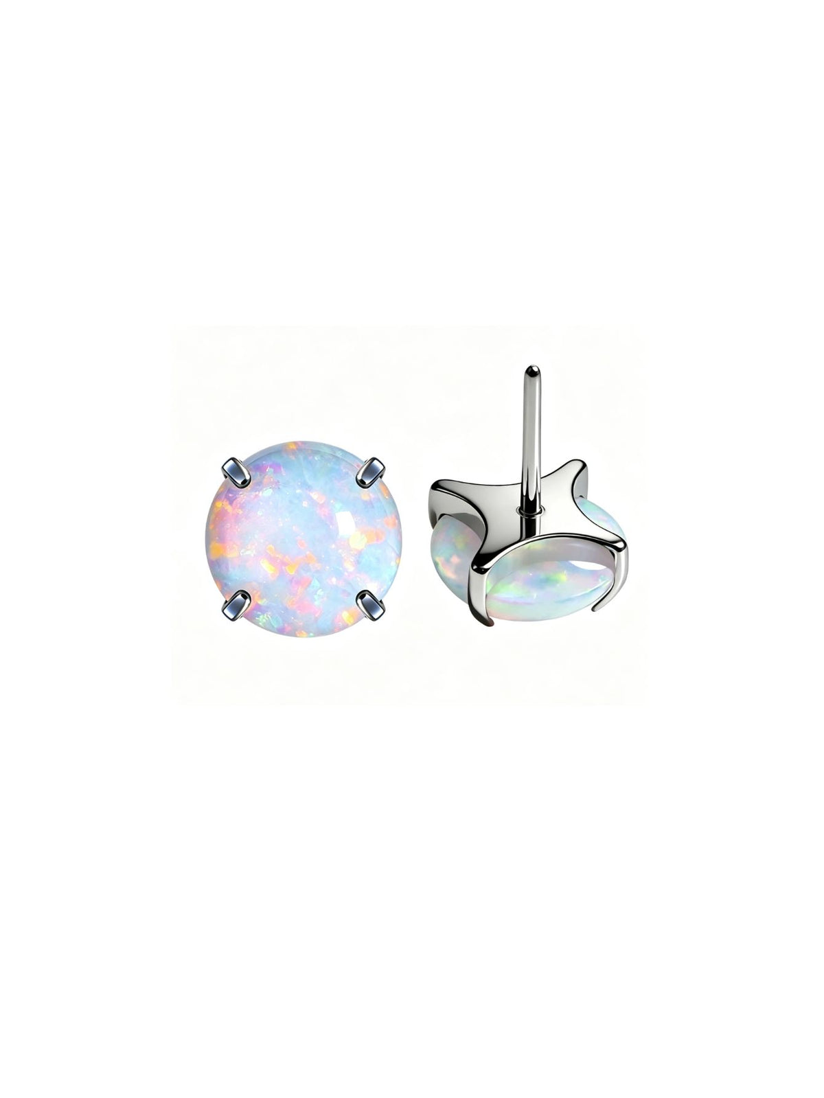 White opal G23 titanium flat back stud shown from front and side view