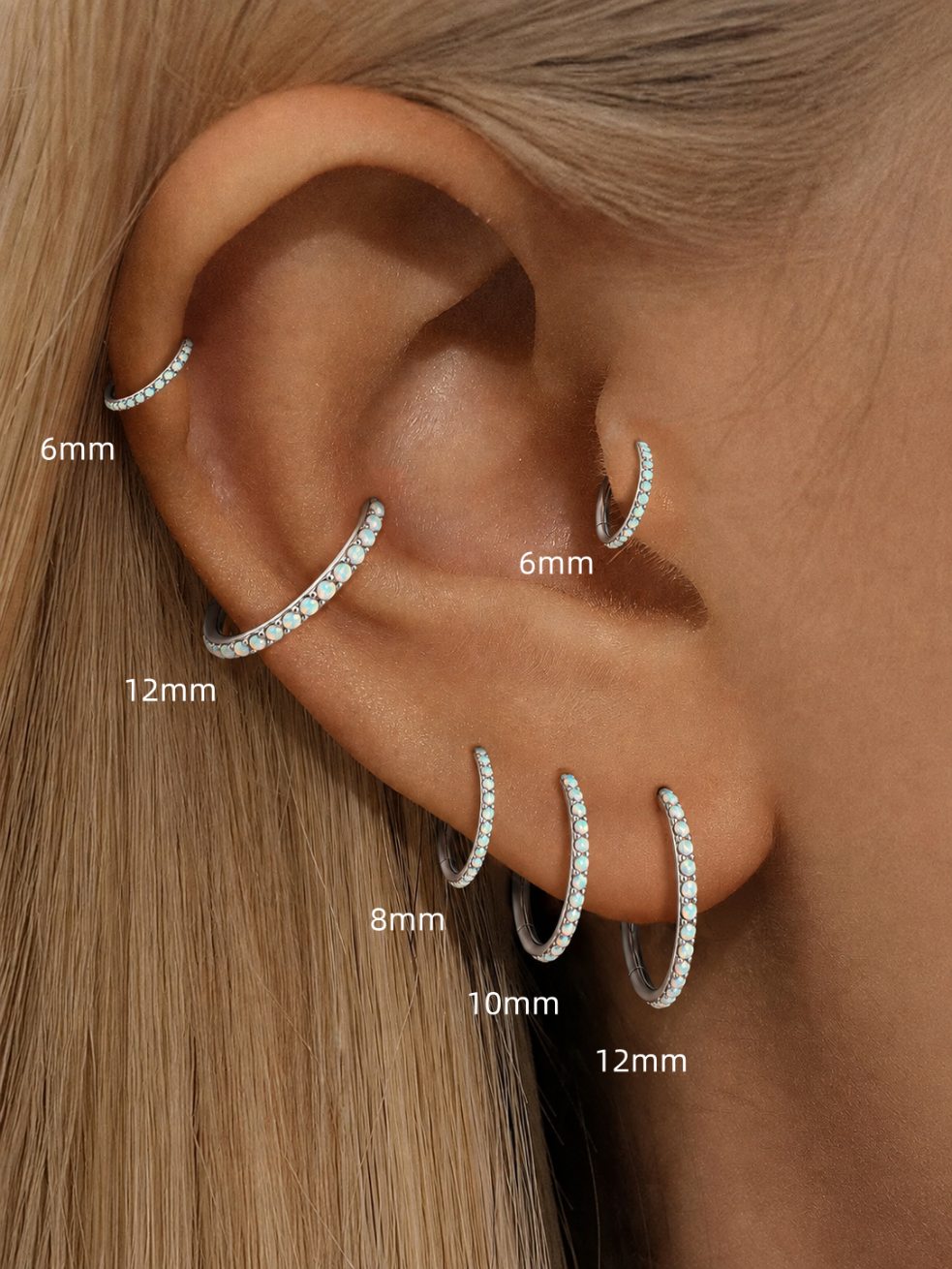 White opal G23 titanium clicker ring size guide showing 6mm 8mm 10mm and 12mm